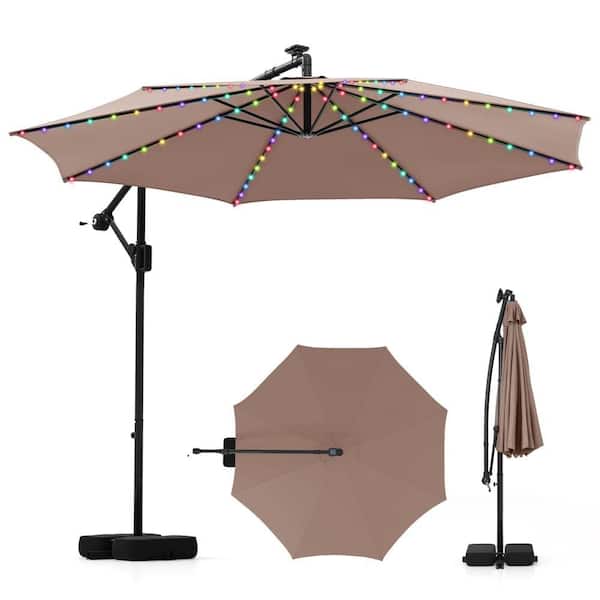 10 ft. Solar Offset Hanging Tilt Cantilever Patio Umbrella with Base in Coffee