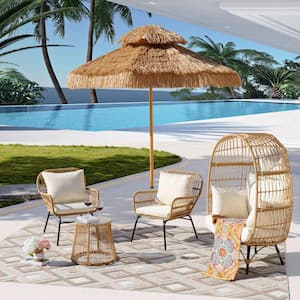 Boho 4 Piece Beige Wicker Patio Outdoor Oversized Bistro Chair Set with Glass Table and Egg Chair with Beige Cushions