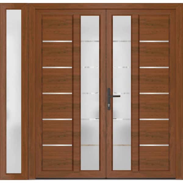 72+ 12 in. x 80 in. Right-hand/Inswing Frosted Glass Walnut Steel Prehung Front Door with Hardware