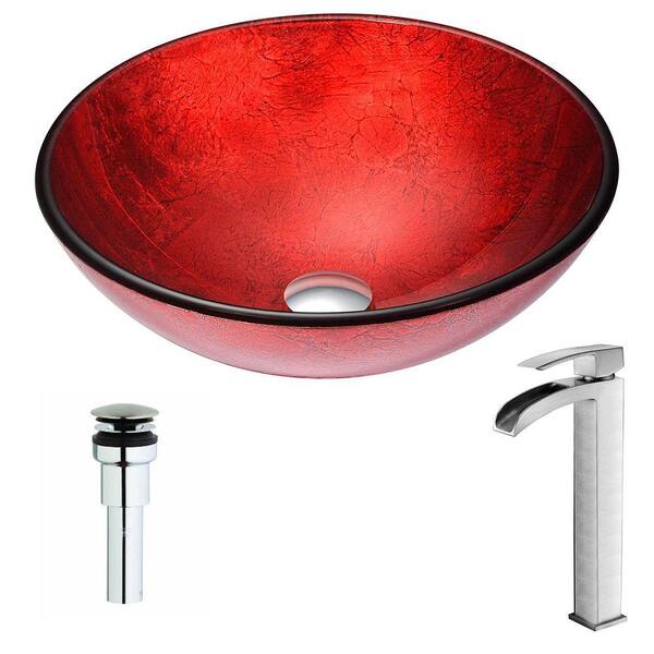 ANZZI Crown Series Deco-Glass Vessel Sink in Lustrous Red with Key Faucet in Brushed Nickel