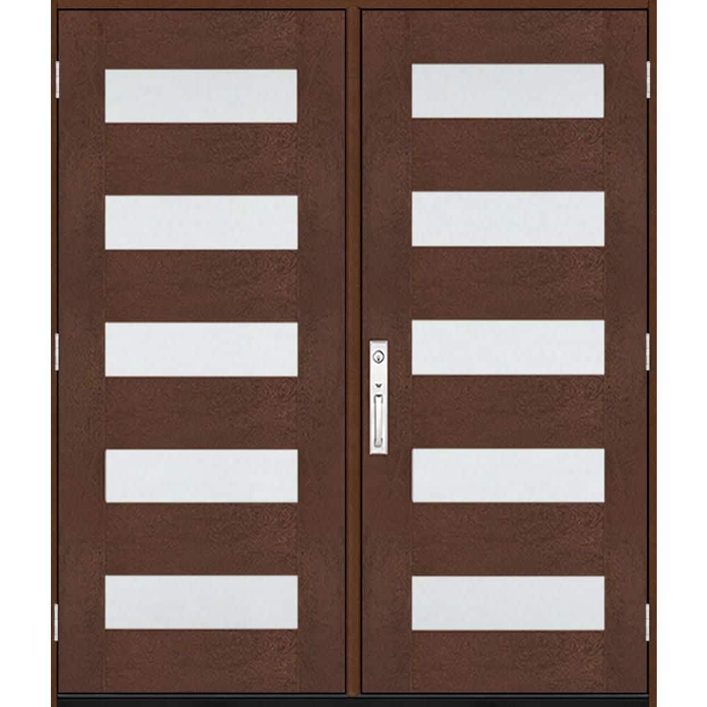 Regency 72 in. x 80 in. 5L Modern Frosted Glass LHOS Chestnut Fiberglass Double Prehung Front Door w/8011NKL Lockset price history on PriceWatchPro