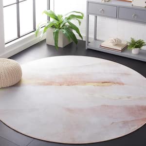 Tacoma Beige/Gold 4 ft. x 4 ft. Machine Washable Striped Abstract Distressed Round Area Rug