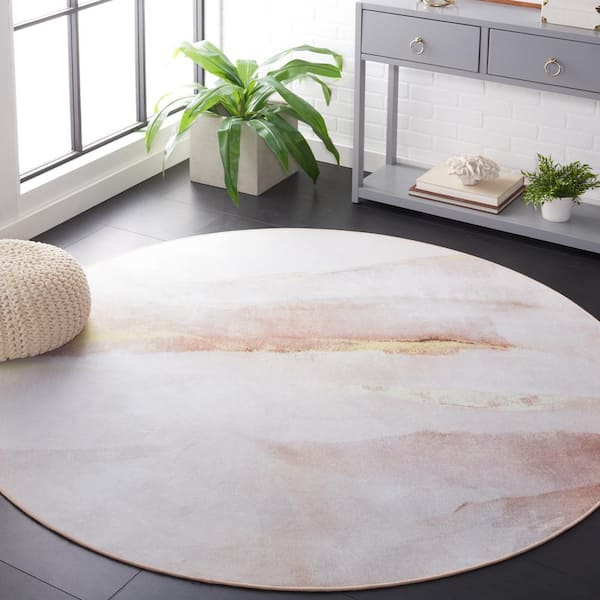 Tacoma Beige/Gold 6 ft. x 6 ft. Machine Washable Striped Abstract Distressed Round Area Rug