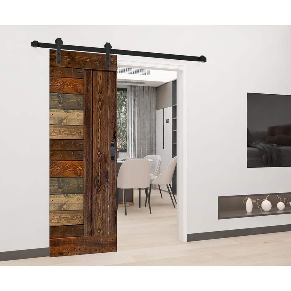 Multicolor Solid Knotty Pine Sliding Barn Door Kit with Black Hardware