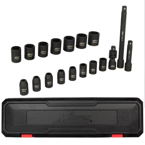 3/8 in. Drive Shallow 6-Point Imp Socket Set, 6-20 mm, Universal Joint and Extension Bars (18-Piece)