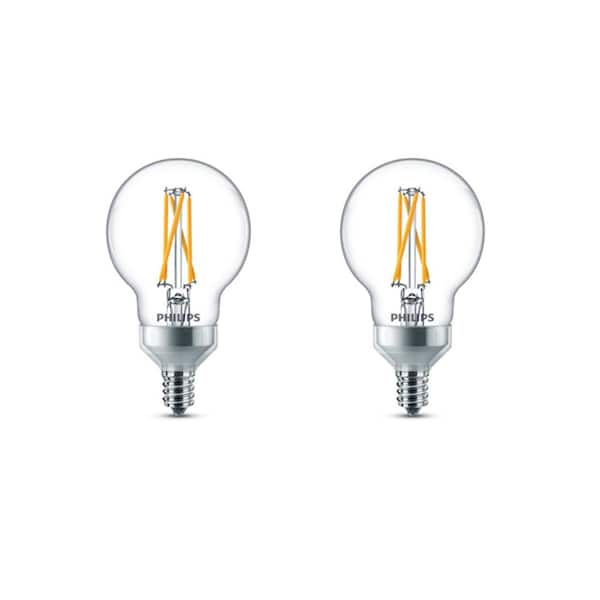 Philips 60-Watt Equivalent G16.5 Dimmable with Warm Glow Dimming Effect LED Candelabra Base Light Bulb Soft White Globe (2-Pack)