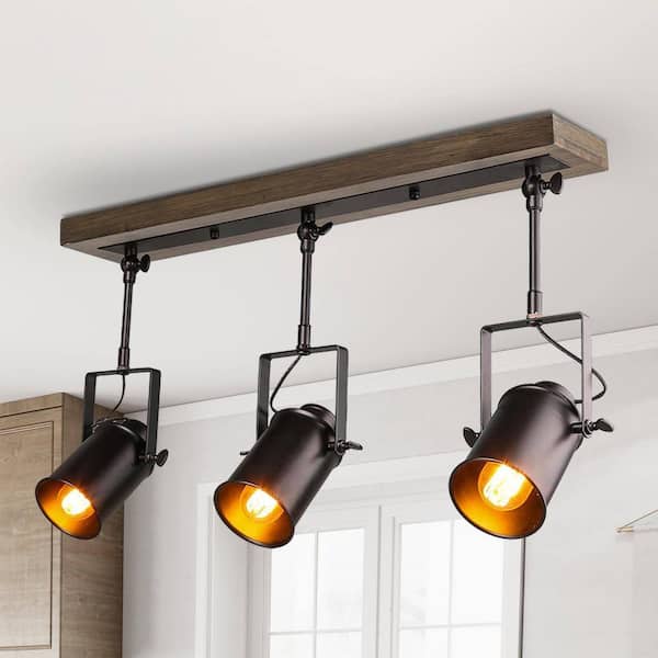 Farmhouse 2 ft. 3-Light Black Fixed Track Lighting Kit w/ Solid Wood Canopy and Adjustable Heads for Living Room Kitchen