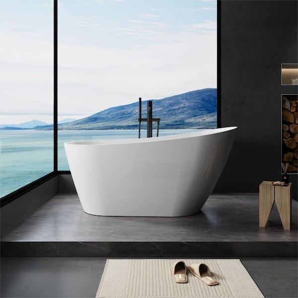 63 in. x 32 in. Acrylic Freestanding Soaking Bathtub in Gloss White with Toe-Tap Chrome Drain and Slotted Overflow