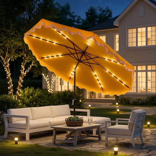 10 tilt solar lighted patio umbrella XIZZI Siesta 10 ft. Steel Market Solar LED Patio Umbrella Crank and Auto-Tilt Patio Umbrella in Yellow