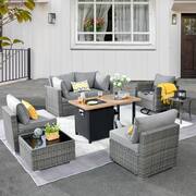 Daffodil Y Gray 8-Piece Wicker Patio Storage Fire Pit Conversation Set with Swivel Rocking Chair and Dark Gray Cushions