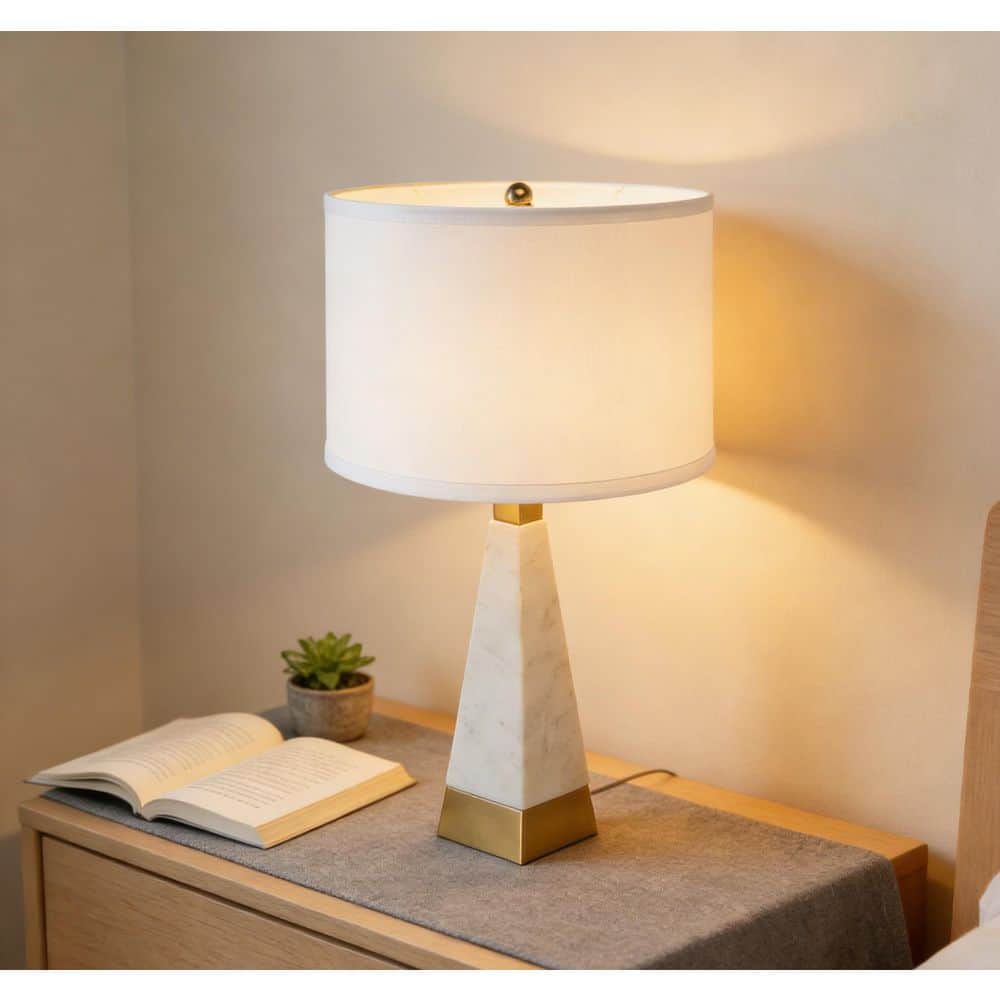 Chimer 26 in. White Thin Pyramid Transitional Table Lamp for Living Room with Drum Shade price history on PriceWatchPro