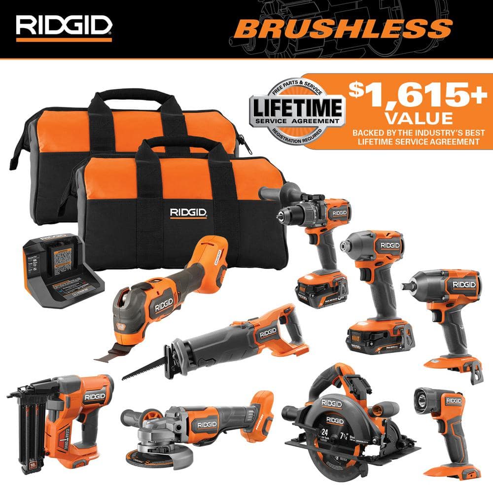 RIDGID 18V Brushless 9 Tool Combo Kit with 6.0 Ah and 2.0 Ah MAX Output Batteries and Charger R96267 The Home Depot