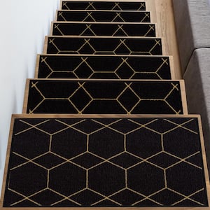 Hexagon Design Black Gold Color 8.5 in. x 26 in. Polyamide Stair Tread Cover Set of 3