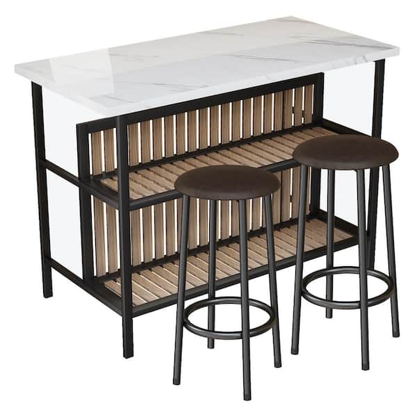 mieres Dora 3-Piece Rectangle Faux Marble Wood Top White Dining Table Set, Kitchen Island Set with 2-Stools for Kitchen