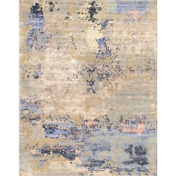 Modern Beige 10 ft. x 14 ft. Abstract Silk and Wool Area Rug
