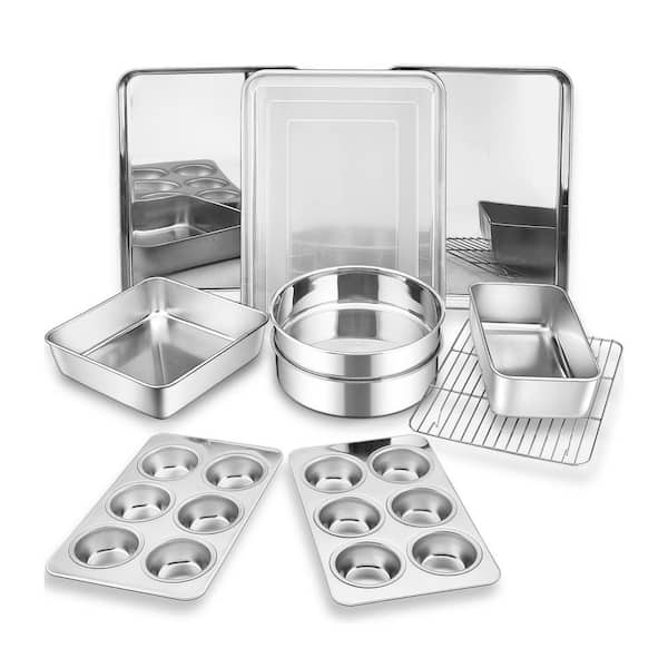 11-Piece Stainless Steel Bakeware Set with Baking Sheets Rack Lasagna Pan Lid Cake Muffin Loaf Pans