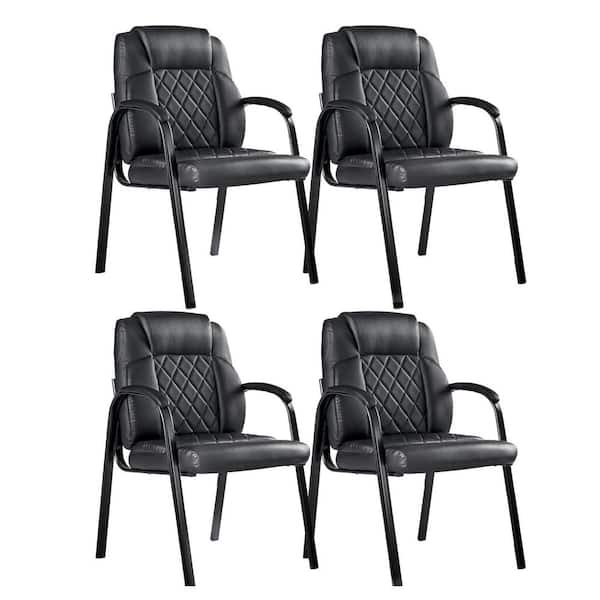 Faux Leather Office Guest Chairs, Upholstered Ergonomic Stationary Side Chairs in Black with Padded Arms (Set of 4)
