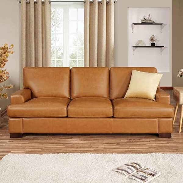 HOMESTOCK Genuine 2-Piece Leather Accent Chair and Sofa Living Room set, Goose Feather Cushion Filling, Square Arm Design-Tan