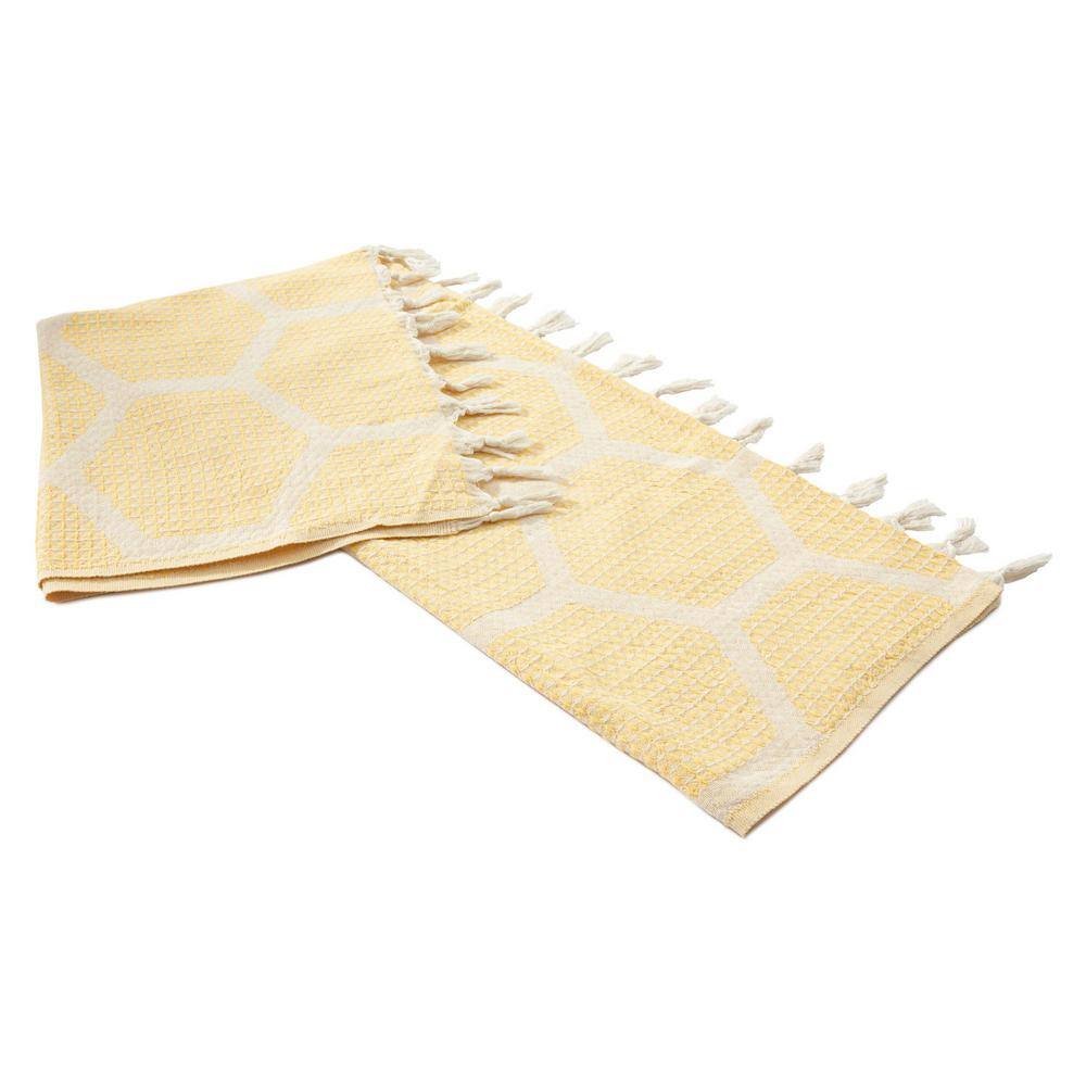 Yellow Honeycomb Pattern Turkish Cotton Throw Blanket with Tassels