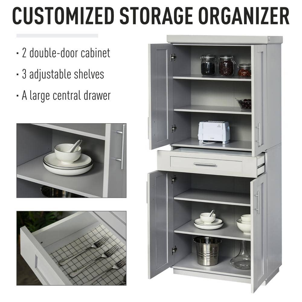 Gray Recessed Panel Freestanding Kitchen Pantry Cabinet with Adjustable Shelves