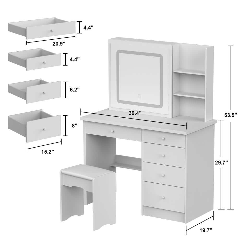5-Drawers White Wood Makeup Vanity Sets Dressing Table Sets With LED Push-Pull Mirror, Stool and Storage Shelves - thumbnail 3