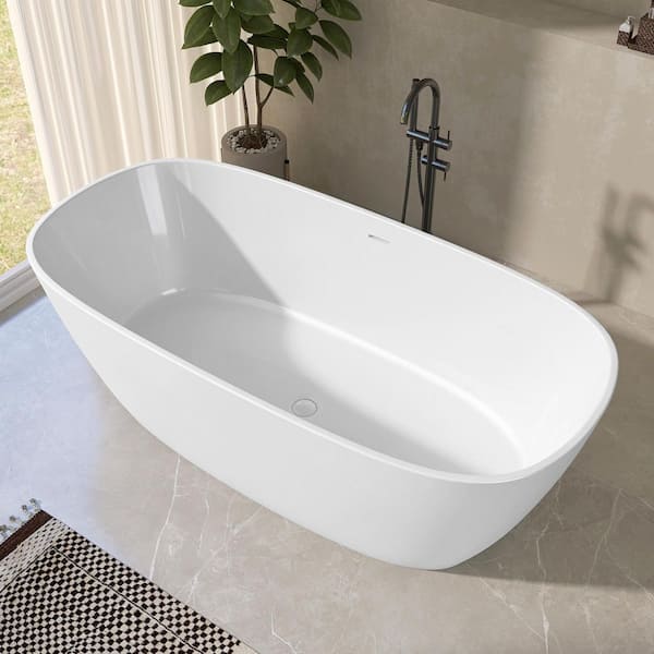 67 in. x 33 in. Glossy White Solid Surface Stone Resin Freestanding Soaking Bathtub, Flatbottom with Center Drain