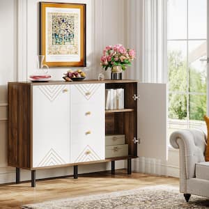 White, Brown Engineered Wood 47 in. Buffet Sideboard Cabinet with 4 Drawers and Storage Shelves