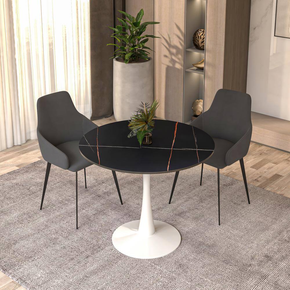 Bristol Round Black Marble Dining Table with White Pedestal Base