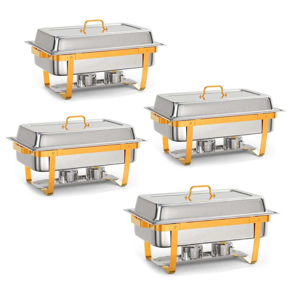 4 Pack 8 Qt. Stainless Steel Rectangular Chafing Dish Buffet Set with Full-Size Pan & Gold Stand
