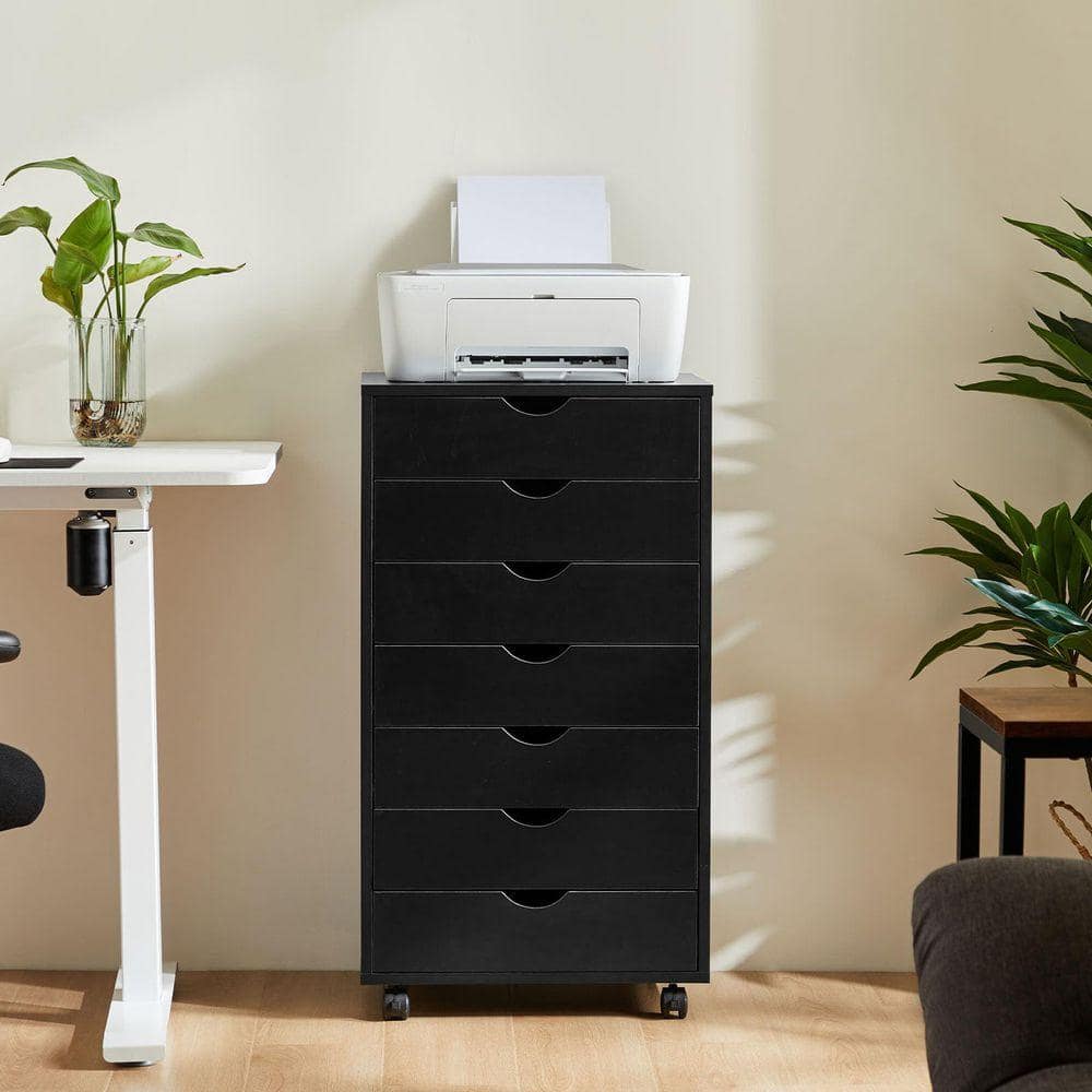7-Drawer Black Wood 19 in. W Vertical File Cabinet Rolling Organizer Storage Chest with Wheels