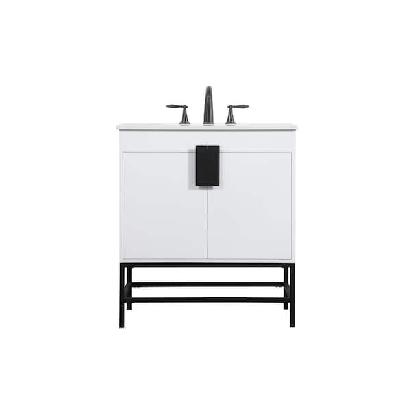 Unbranded Simply Living 30 in. W x 19 in. D x 33.5 in. H Bath Vanity in White with Ivory White Engineered Marble Top
