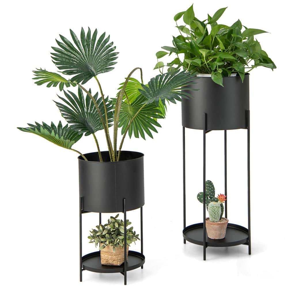 Costway 2 Metal Planter Pot Stand Modern Decorative Flowerpots Set with ...