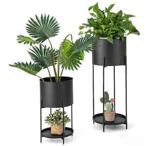 2 Metal Planter Pot Stand Modern Decorative Flowerpots Set with Drainage Holes