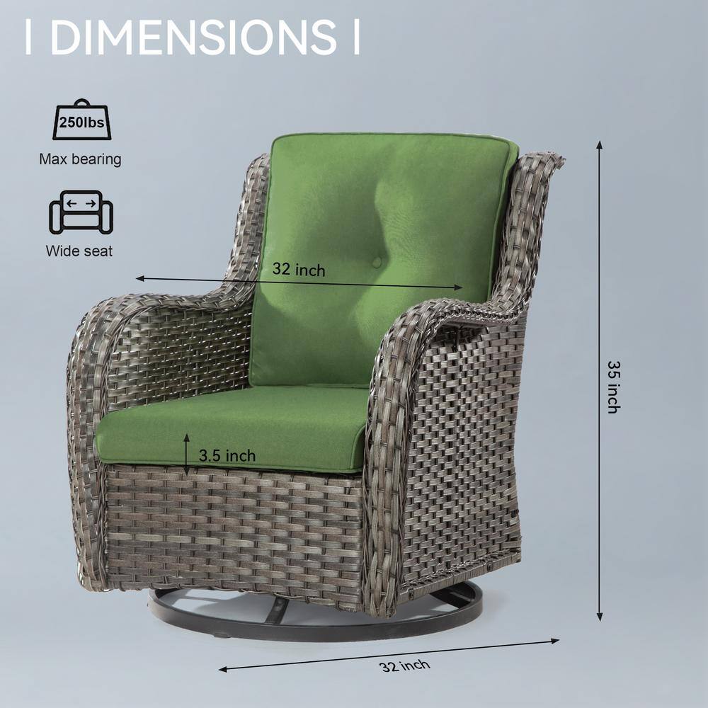 Green Quilted-Tufted Wicker Outdoor Swivel Dining Chair with Cushions