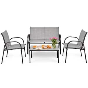 4-Piece Gray Metal Patio Conversation Set Furniture Set with Glass Top Coffee Table