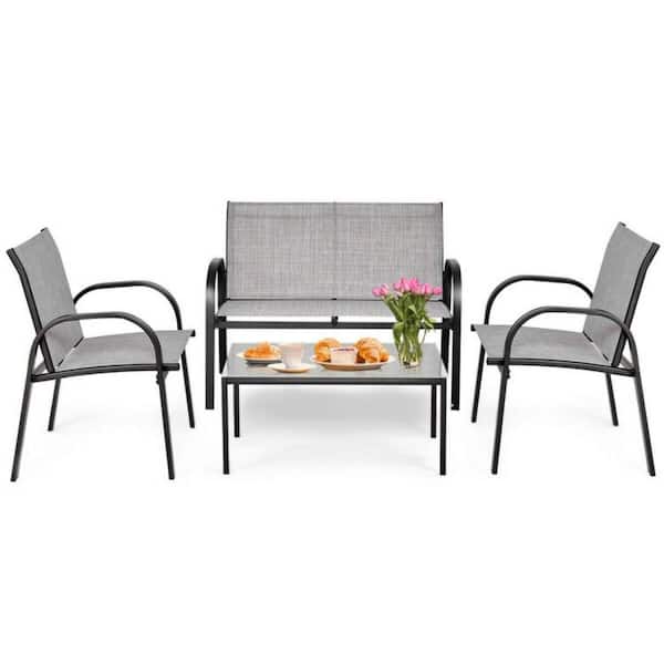 Clihome 4-Piece Gray Metal Patio Conversation Set Furniture Set with Glass Top Coffee Table