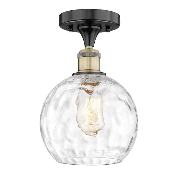 Athens Water Glass 8 in. 1-Light Black Antique Brass Industrial Semi-Flush Mount with Clear Glass Shade