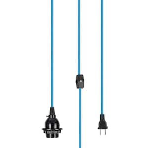 1-Light Black Vintage Plug-In Hanging Socket Pendant Fixture with 15 ft. of Blue Textile Cord and Rocker Switch