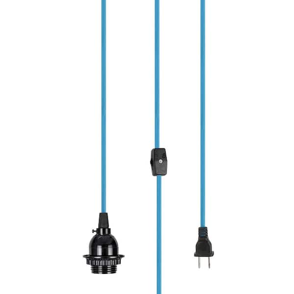 Aspen Creative Corporation 1-Light Black Vintage Plug-In Hanging Socket Pendant Fixture with 15 ft. of Blue Textile Cord and Rocker Switch