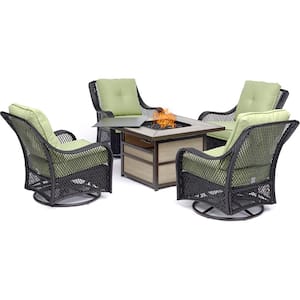 Orleans 5-Piece Wicker Patio Seating Set with Avocado Green Cushions and Patio Fire Pit