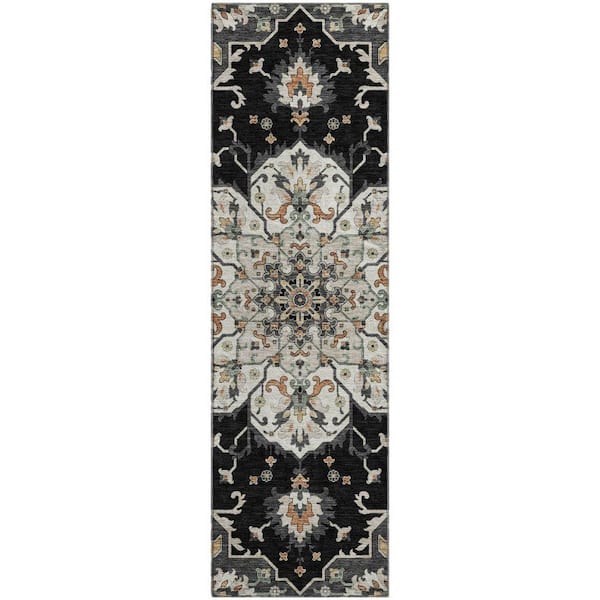 Mayfield Premium Machine Washable Abstract AMF2194 Black 2 ft. x 7 ft. Runner Rug