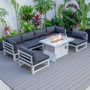Chelsea Weathered Grey 7-Piece Aluminum Patio Fire Pit Set with Black Cushions