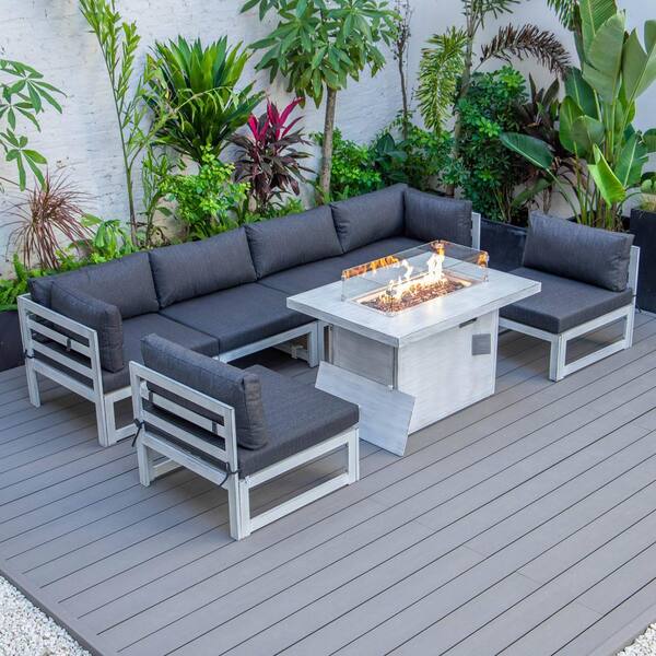 Leisuremod Chelsea Weathered Grey 7Piece Aluminum Patio Fire Pit Set