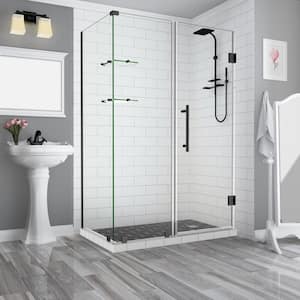 56.25 in. to 57.25 in. x 36.375 in. x 72 in. Frameless Corner Hinged Shower Enclosure with Glass Shelves in Matte Black