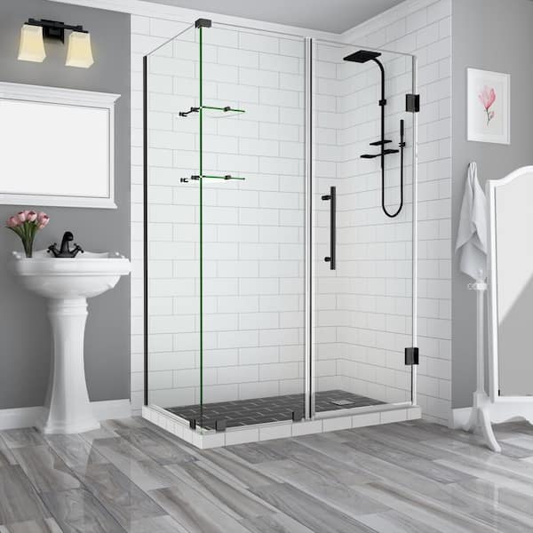 Aston 61.25 in. to 62.25 in. x 32.375 in. x 72 in. Frameless Corner Hinged Shower Enclosure with Glass Shelves in Matte Black