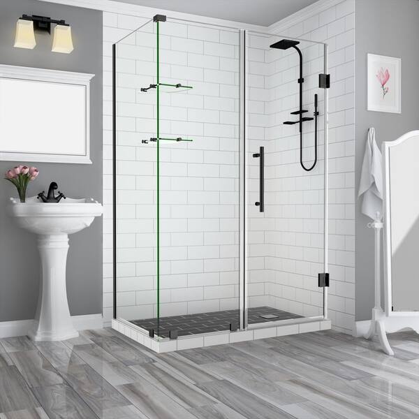 Aston 71.25 in. to 72.25 in. x 38.375 in. x 72 in. Frameless Corner Hinged Shower Enclosure with Glass Shelves in Matte Black