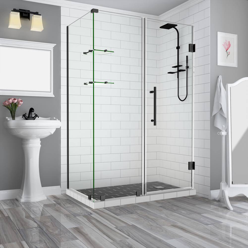 73.25 in. to 74.25 in. x 32.375 in. x 72 in. Frameless Corner Hinged Shower Enclosure with Glass Shelves in Matte Black price history on PriceWatchPro