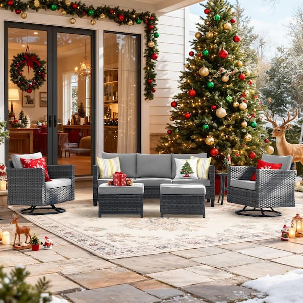 New Vultros Gray 6-Piece Wicker Outdoor Patio Conversation Set with Dark Gray Cushions and Swivel Rocking Chairs