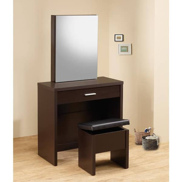 Coaster Vanities 300290 White Vanity with Hidden Mirror Storage and  Lift-Top Stool, Rife's Home Furniture