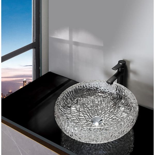 castellousa Moonshell 17 in. Modern Clear Transparent Tempered Glass Crystal Round Circle Vessel Sink